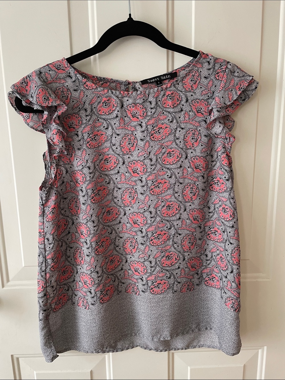 Sweet Rain Pink Floral Ruffle-Sleeve Blouse Size S Summer Vacation